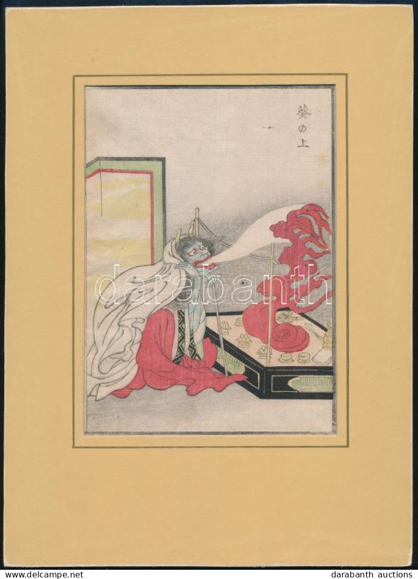 Japán Művész, Ismeretlen Jelzéssel: Sárkányszerű Alak. Színezett Fametszet, Papír. 18x12,5 Cm. Paszpartuban / Japanese W - Gravure