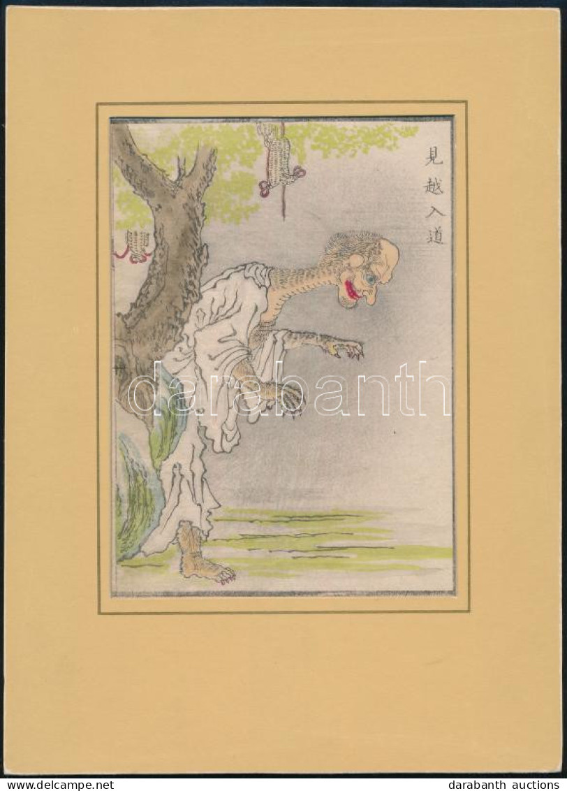 Japán Művész, Ismeretlen Jelzéssel: Alak. Színezett Fametszet, Papír. 18x12,5 Cm. Paszpartuban / Japanese Woodcut, In Pa - Gravures