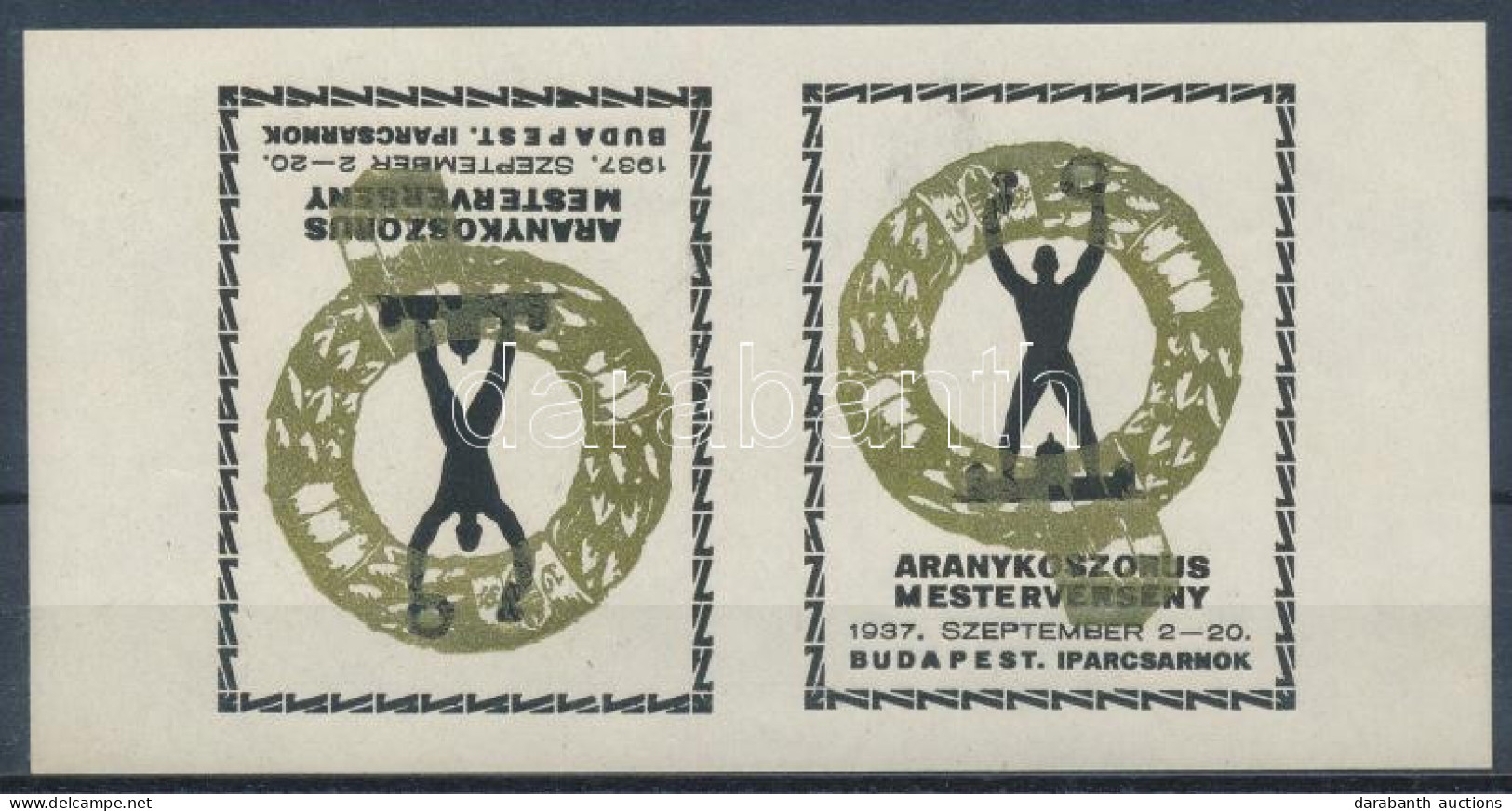 1937 Aranykoszorús Mesterverseny Fordított állású Emlék Kisív Pár / Inverted Souvenir Sheet Pair - Non Classés
