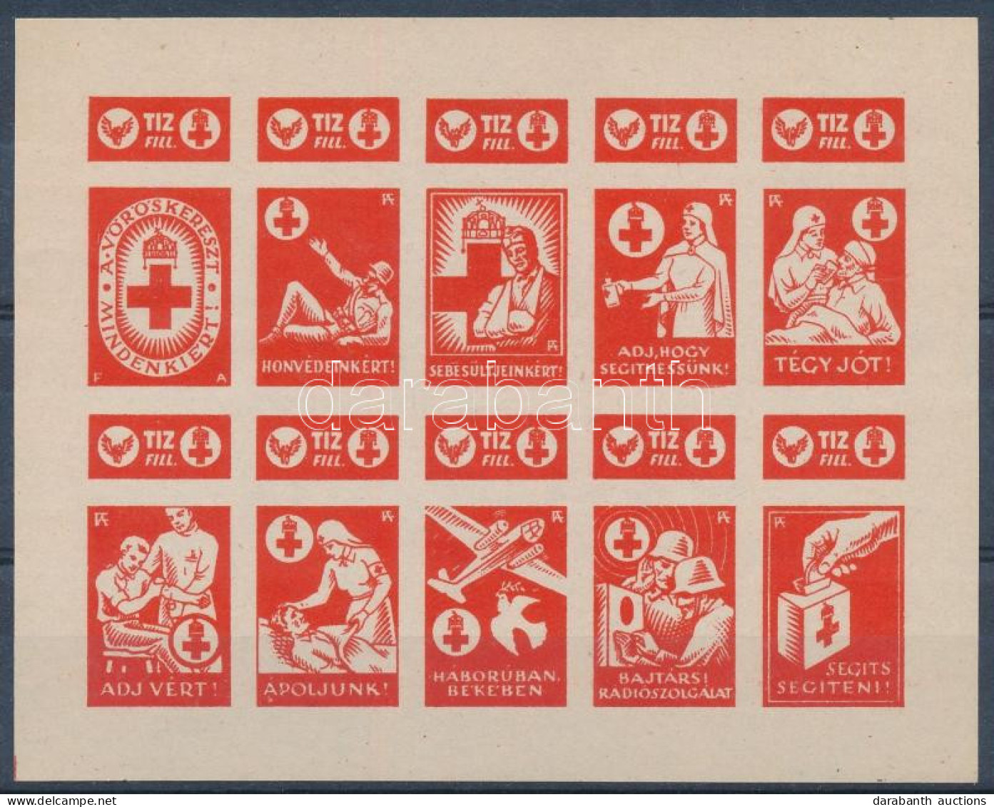 ~1942 Vöröskereszt 10f Vágott Adománybélyeg 10-es Kisívben / Hungarian Imperforated Charity Stamp In Mini Sheet Of 10 - Non Classés