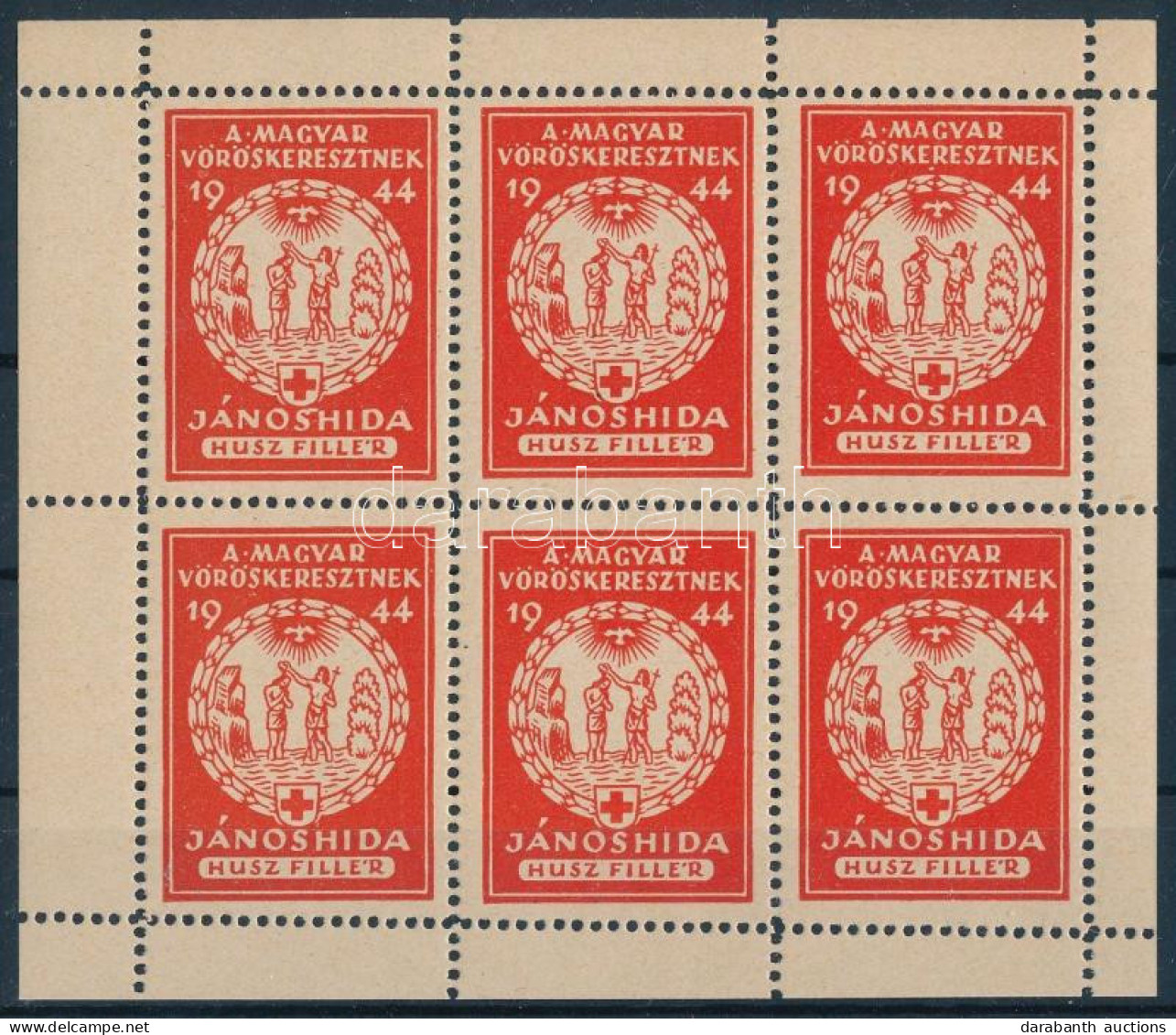 1944 Jánoshida A Magyar Vöröskeresztnek 20f Adománybélyegek, 6-os Kisíven / Hungarian Charity Stamps In Mini Sheet Of 6 - Zonder Classificatie