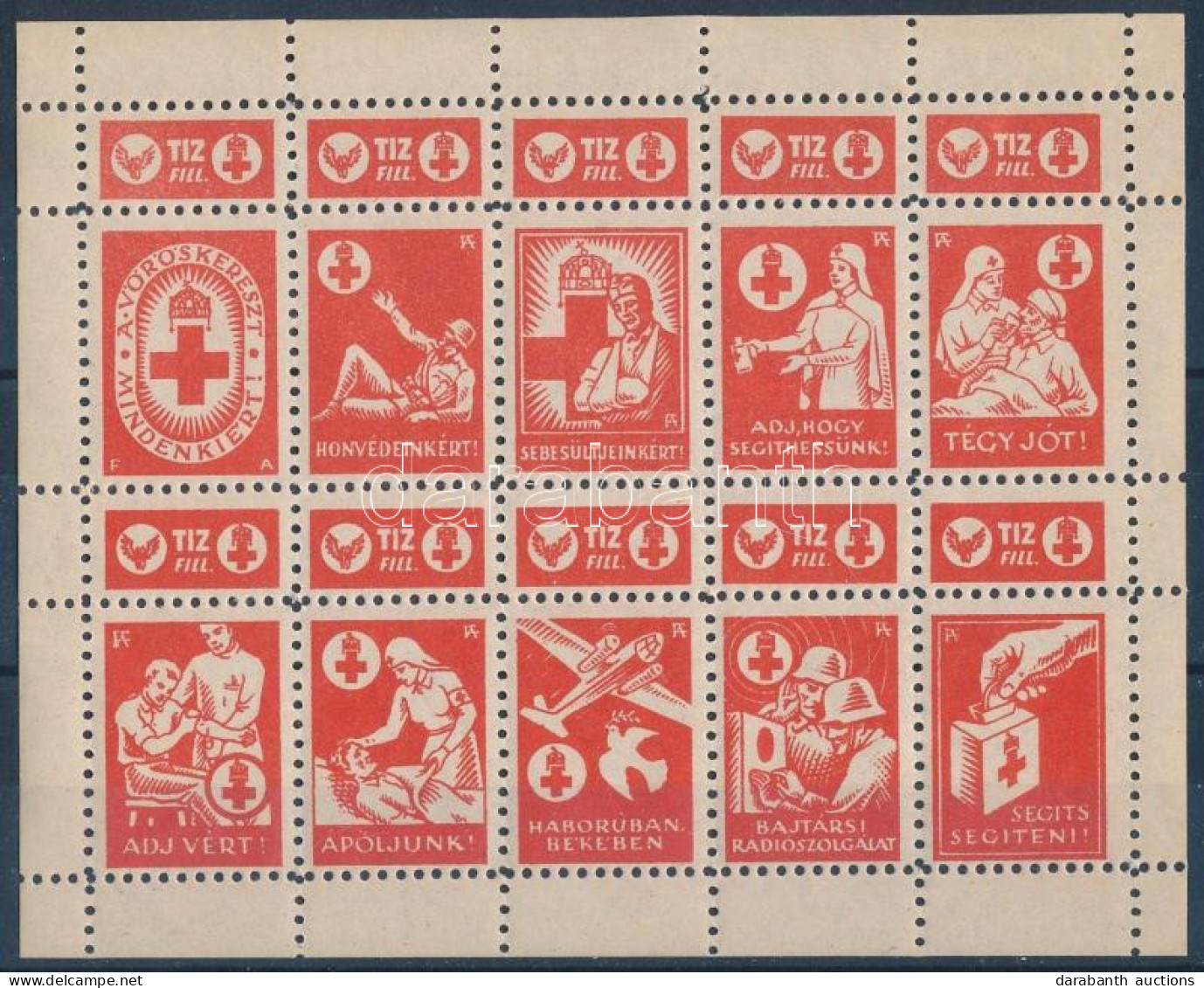~1942 Vöröskereszt 10f Adománybélyeg 10-es Kisívben / Hungarian Charity Stamp In Mini Sheet Of 10 - Zonder Classificatie