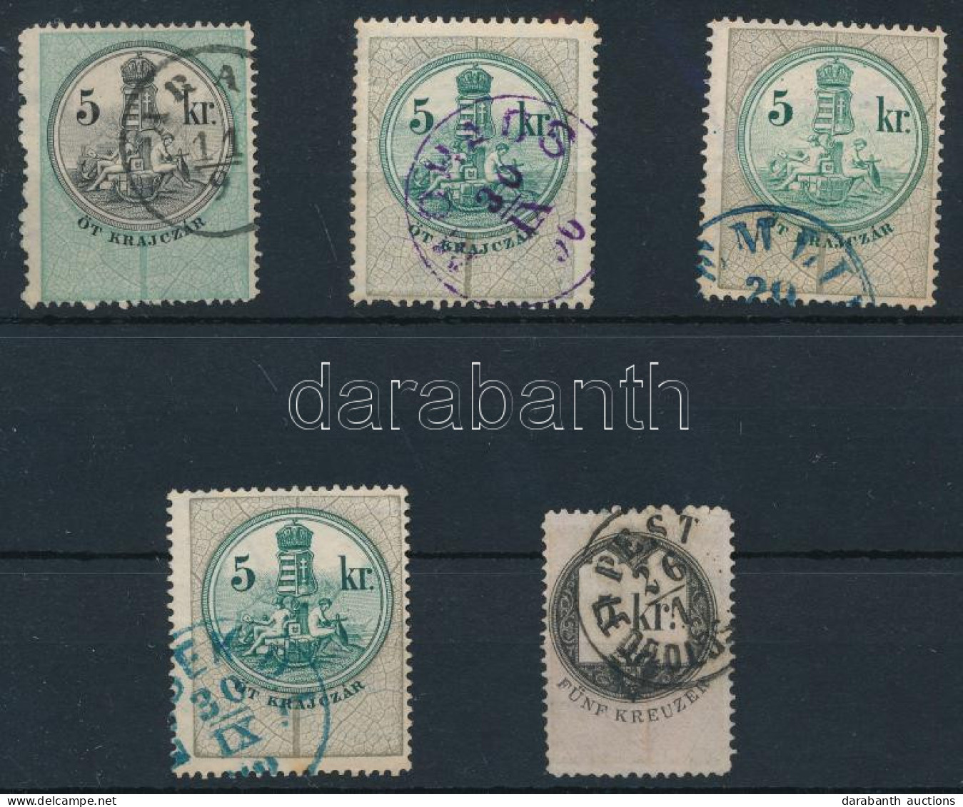 5 Db Okmánybélyeg Postabélyegként Való Felhasználása (hely-kelet Bélyegző) / 5 Fiscal Stamps Used As Postal Stamp - Zonder Classificatie
