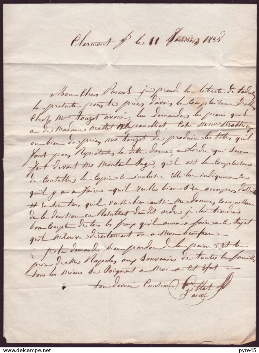 Lettre Manuscrite, Port Payé, Du 11 Janvier 1835 De Clermont-Ferrand Pour Issoire - Manuscrits