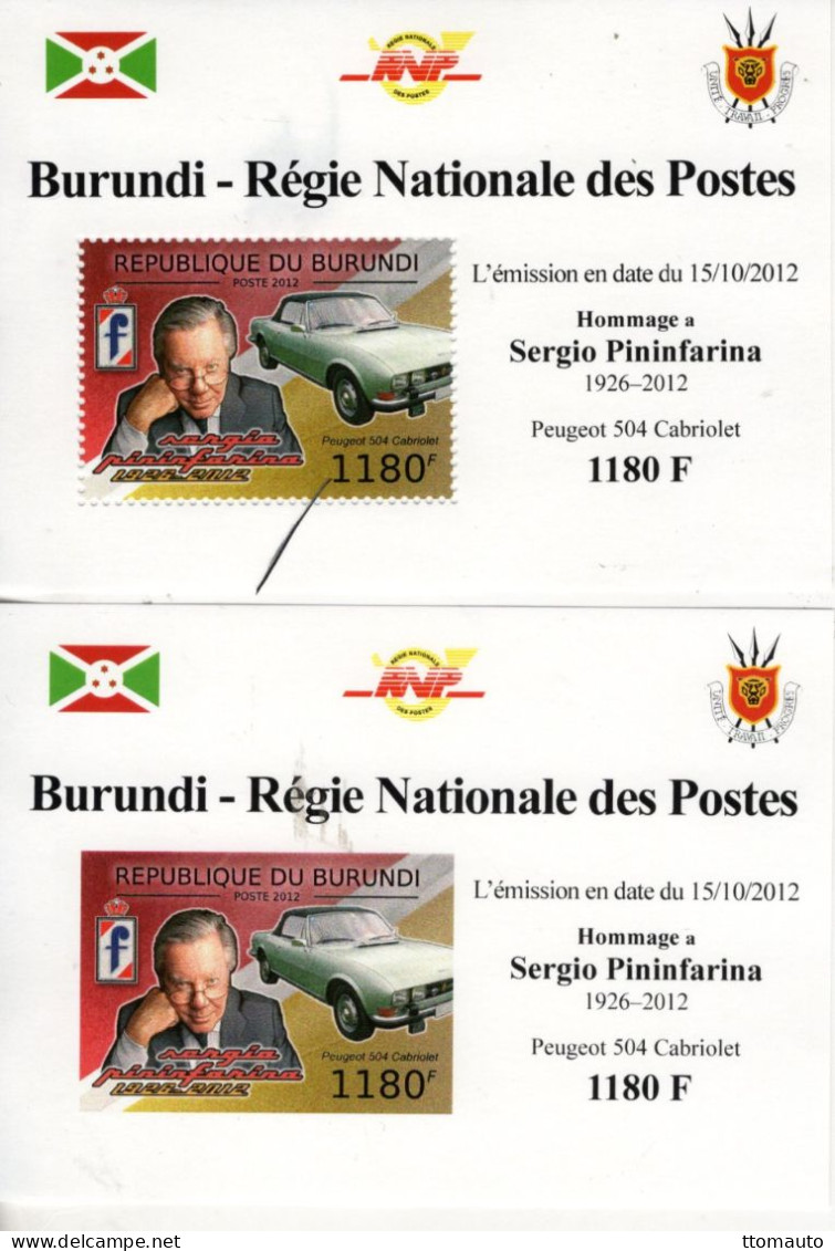 Burundi 2012 - Sergio Pininfarina - Peugeot 504 Cabriolet- Perf/Imperf 2 X 1v Sheets Neuf/Mint/MNH - Auto's