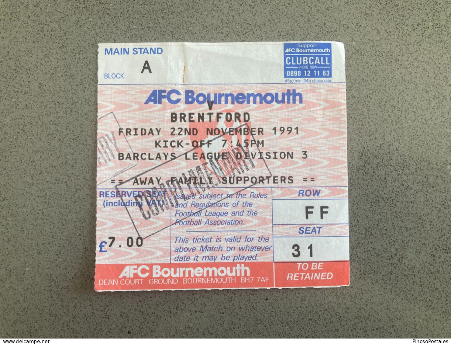 Bournemouth V Brentford 1991-92 Match Ticket - Tickets & Toegangskaarten