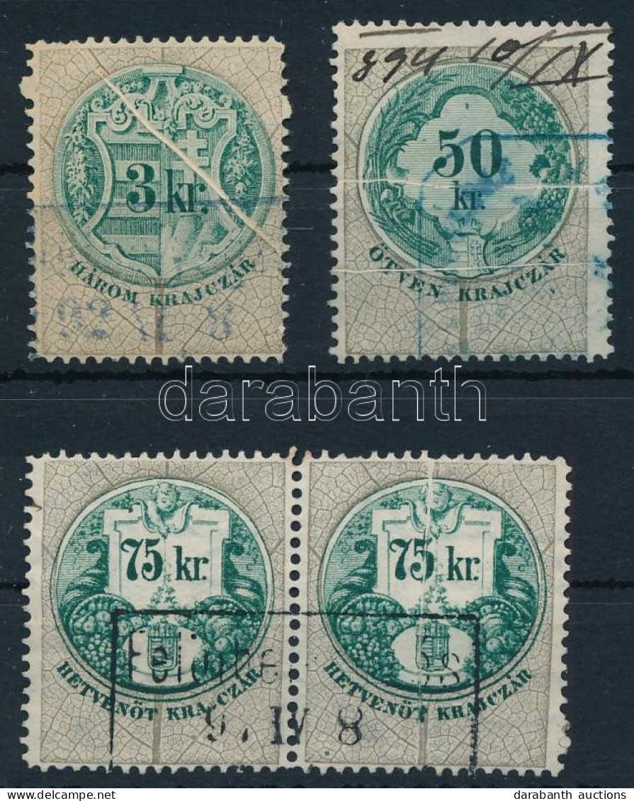 3 Db Okmánybélyeg Papírránccal / Fiscal Stamps With Paper Crease - Ohne Zuordnung