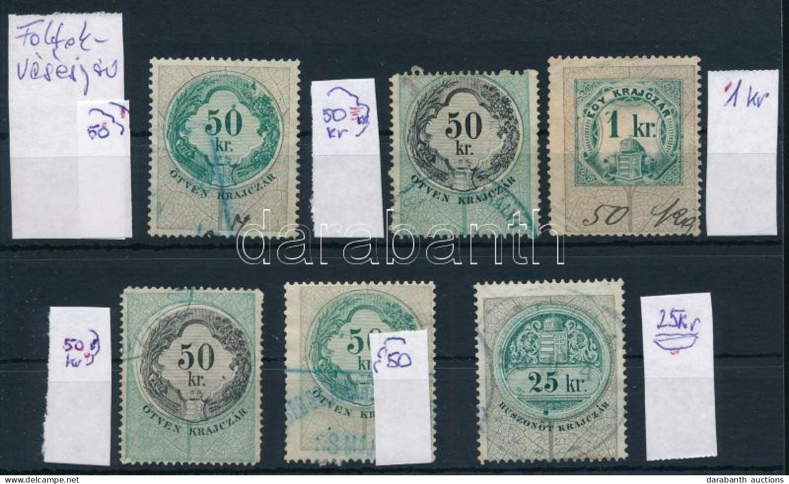 6 Db Okmánybélyeg Foltokkal, Vésésjavítással / Fiscal Stamps With Paint Spots, Retouche - Zonder Classificatie