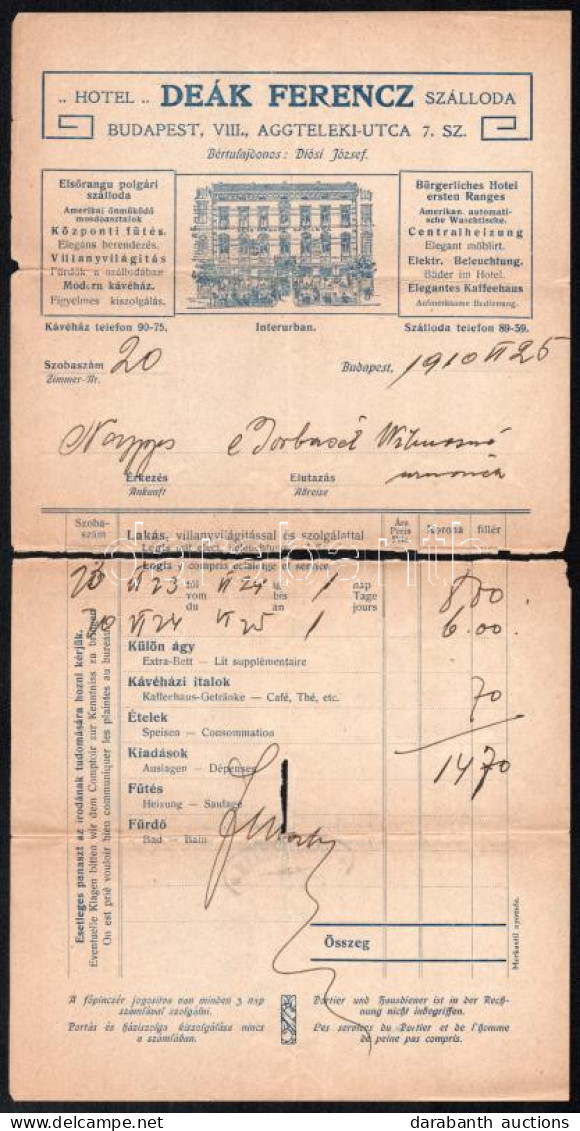 1910 Bp. VIII., Deák Ferencz Szálloda Fejléces Számlája, Szakadással - Ohne Zuordnung