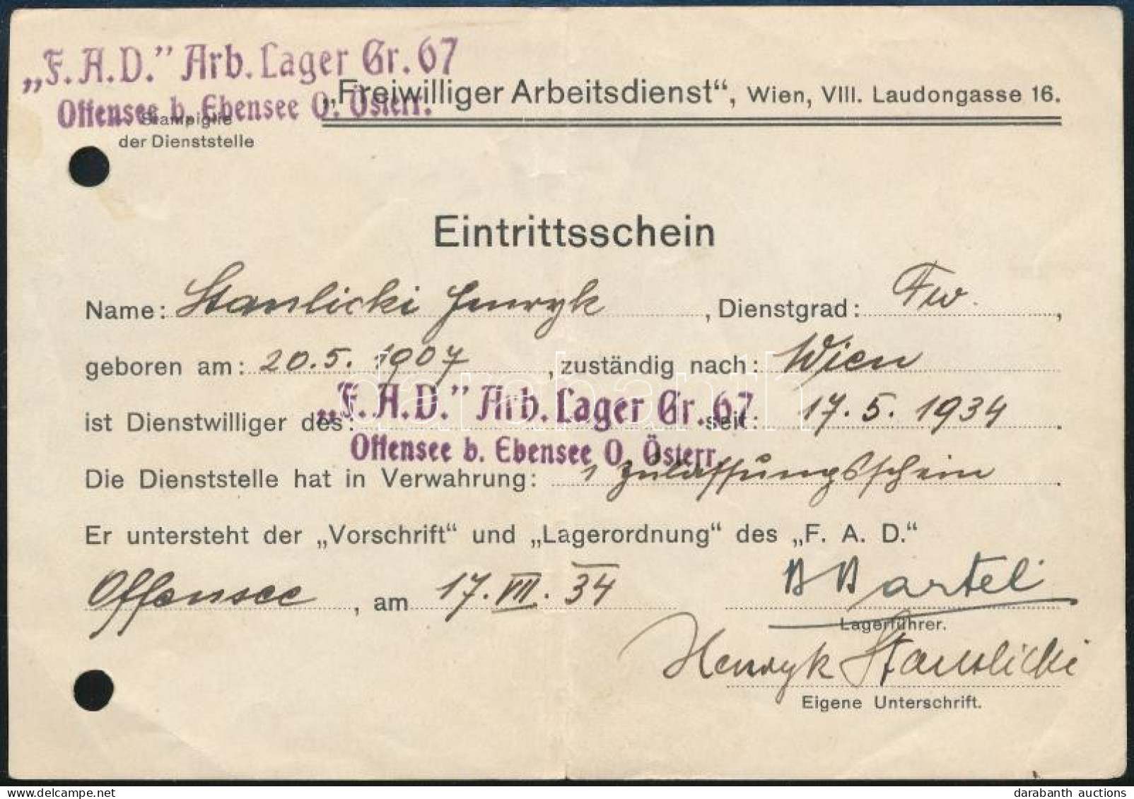 1934 Önkéntes Munkatábori Belépő Ottensee B. Ebensee. /  Voluntary Labor Camp Entry - Unclassified