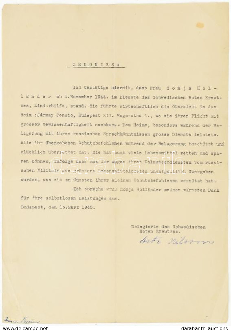 1945 A Svéd Vöröskereszt által írt Szolgálati Igazolás Asta Wilsson A Gyermekmentő Aukció Vezetőjének Aláírásával. / Cer - Unclassified