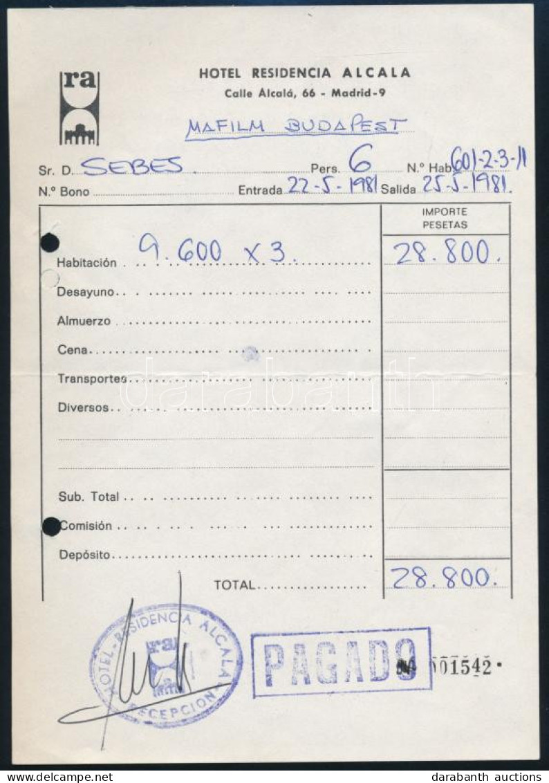 1981 Sebes Gusztáv (1906-1986), Az Aranycsapat Edzőjének Devizakiviteli Engedélye és Madridi Hotelszámlája - Non Classificati