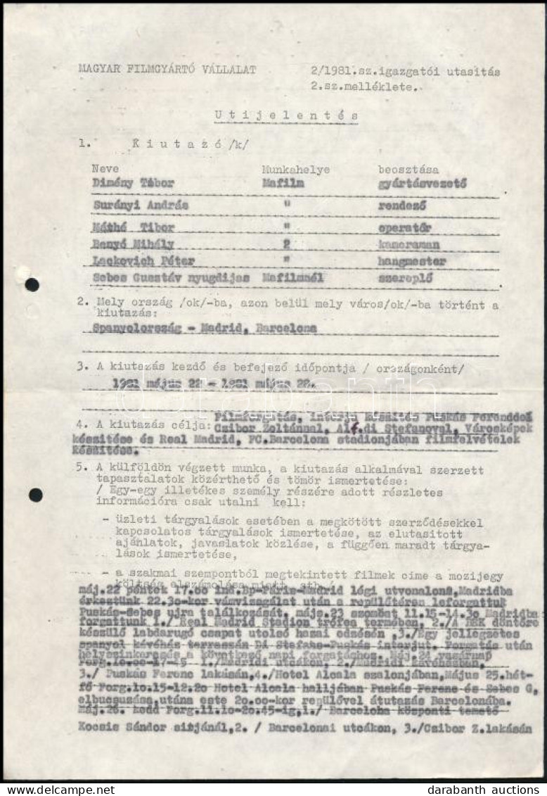 1981 Magyar Filmgyártó Vállalat úti Jelentése Puskás Ferenc és Czibor Zoltán Interjúról Az C. Filmhez - Zonder Classificatie