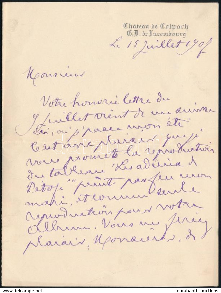 1907.VII.15 Munkácsy Mihály (1844-1900) Festőművész özvegye, Cécile De Munkácsy, Szül. Papier (1845-1915) Autográf, Fran - Zonder Classificatie