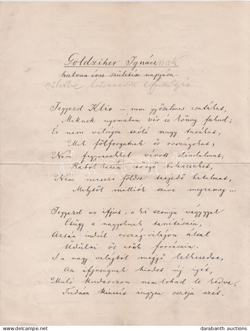 Csengeri János (1856-1945) Klasszika-filológus, Műfordító, Egyetemi Tanár Autográf ódája Goldziher Ignác Orientalista Sz - Unclassified