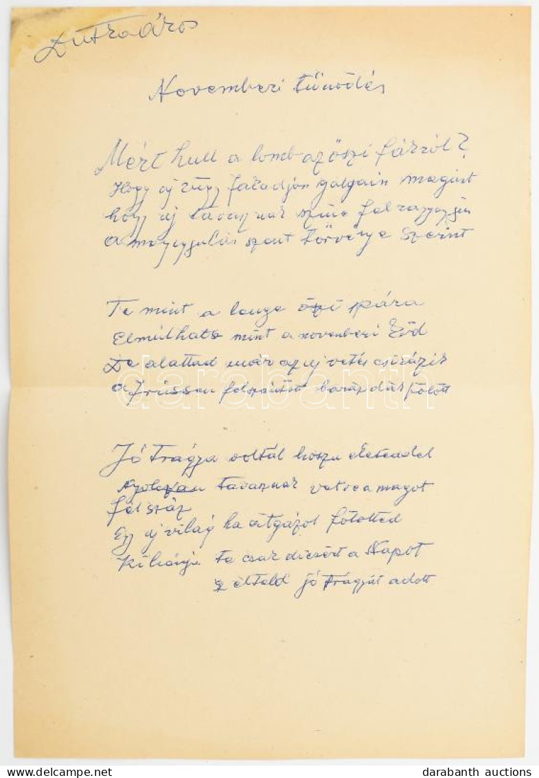 Cca 1950-1960 Dutka Ákos (1881-1972) Költő, író Saját Kézzel írt, "Novemberi Tűnődés" C. Versének Kézirata, Aláírással,  - Non Classés