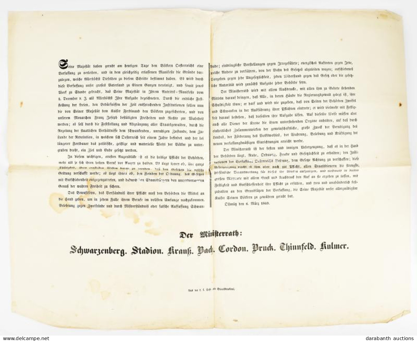 1849. Március 6. Olmütz, Az I. Ferenc József(1848-1916) által Kiadott Oktrojált Alkotmány Kiadása Után A Minisztertanács - Non Classificati