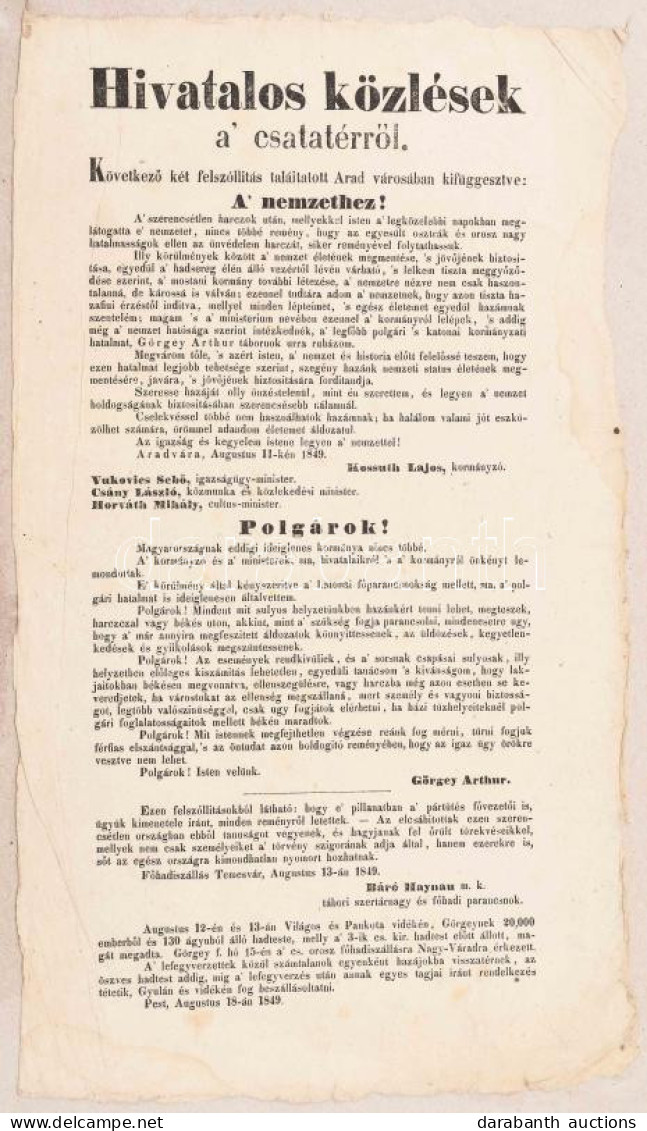 1849 "Pest, Hivatalos Közlések A' Csatatérről. Következő Két Felszóllítás Találtatott Arad Városában Kifüggesztve: A Nem - Unclassified