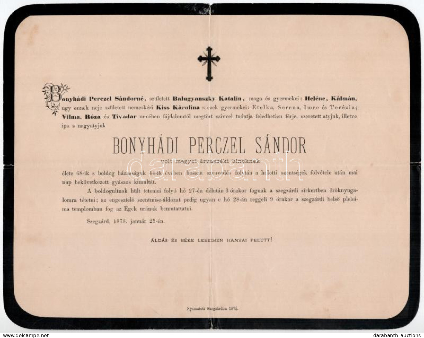 1878 Bonyhádi Perczel Sándor (1809-1878) 1848-49-es Honvéd őrnagy, A Felsőtiszai Bocskai Honvédzászlóalj Parancsnoka, Pe - Non Classificati