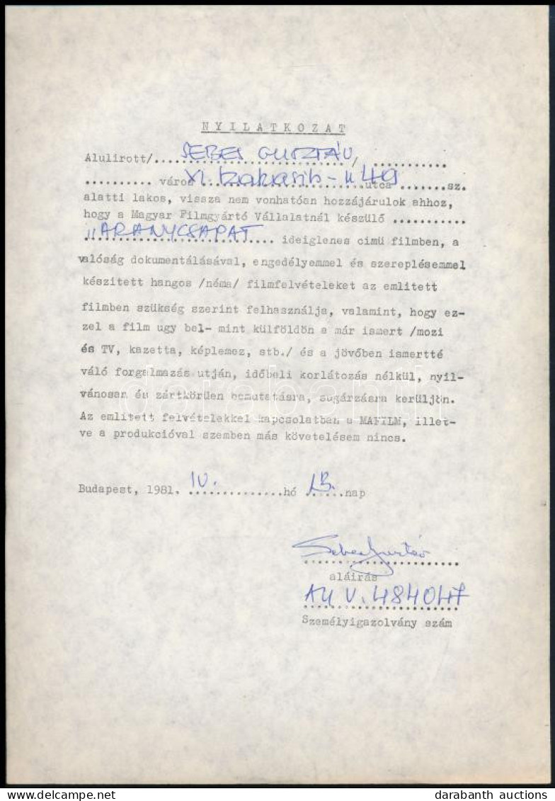 1981 Sebes Gusztáv (1906-1986) A Magyar Labdarúgó Válogatott Edzőjének Hozzájáruló Nyilatkozata Az Aranycsapat C. Filmbe - Sonstige & Ohne Zuordnung