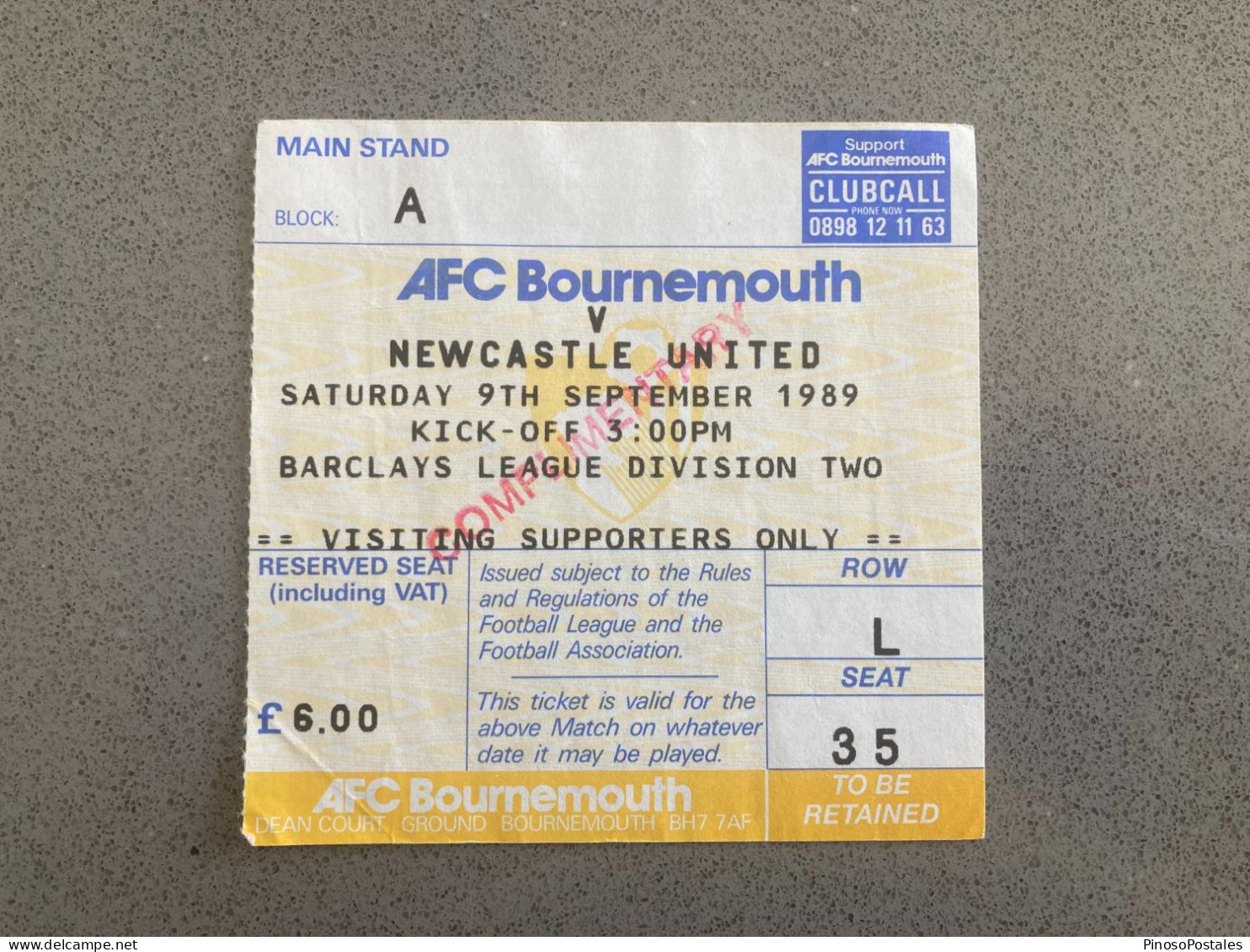 Bournemouth V Newcastle United 1989-90 Match Ticket - Tickets & Toegangskaarten
