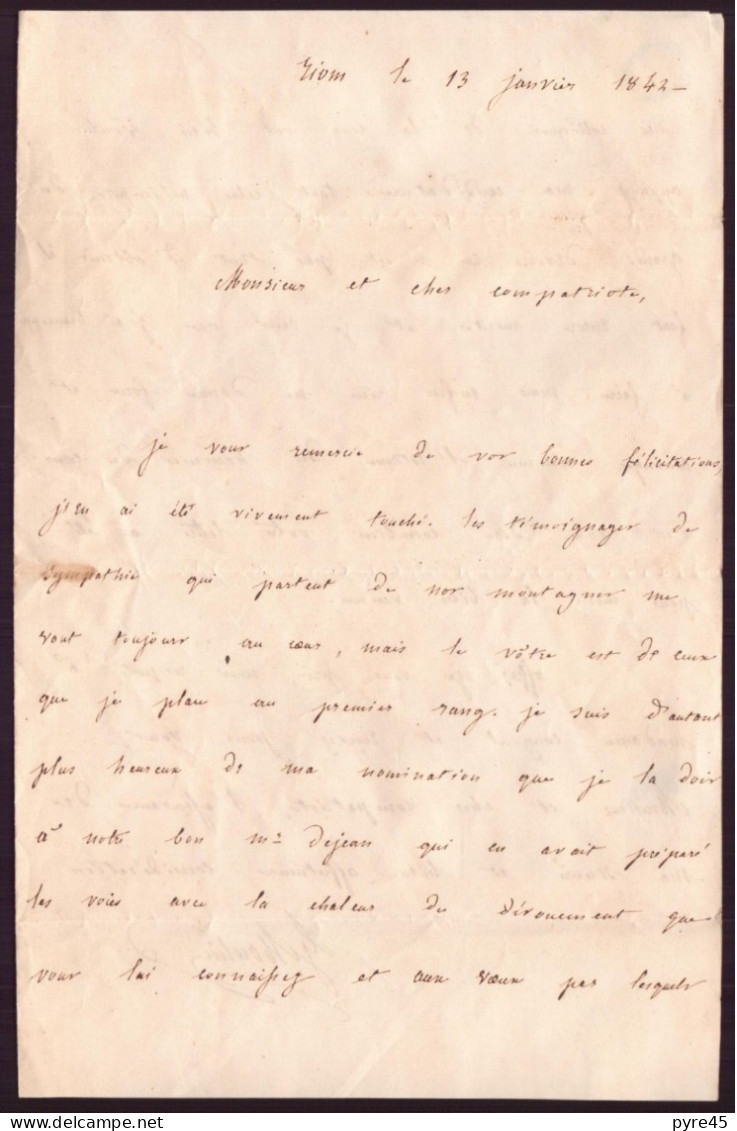 Lettre Manuscrite, Du 13 Janvier 1842 De Riom Pour Besse - Manuscripts