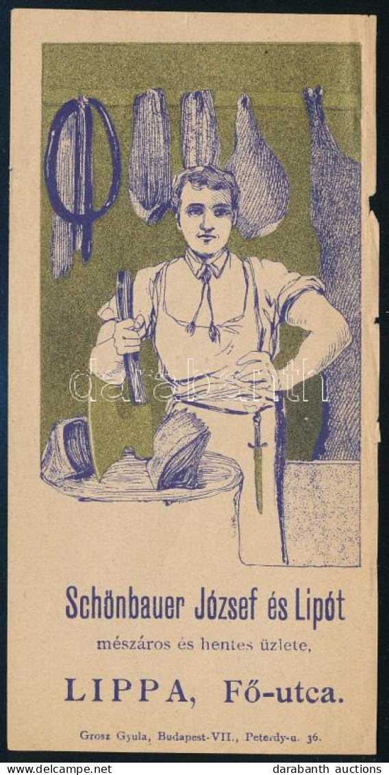Cca 1910 Schönbauer József és Lipót Mészáros és Hentes, Lippa Számolócédula, Lapszéli Szakadásokkal - Advertising