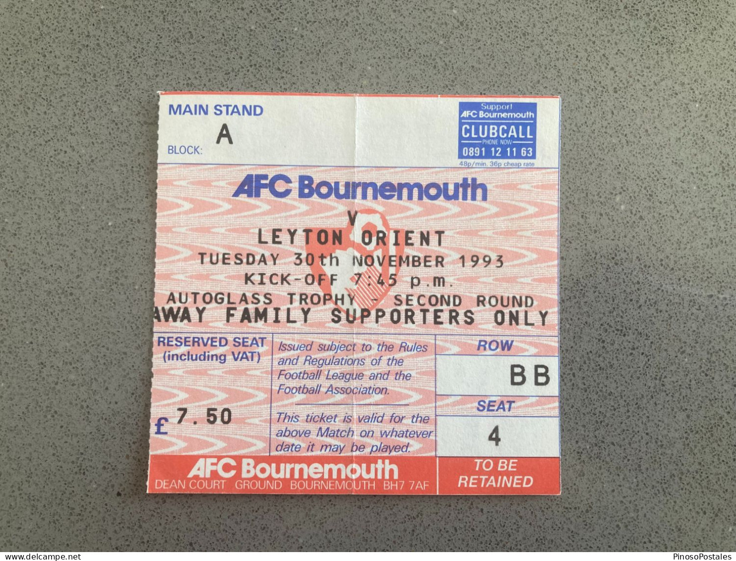 Bournemouth V Leyton Orient 1993-94 Match Ticket - Tickets & Toegangskaarten