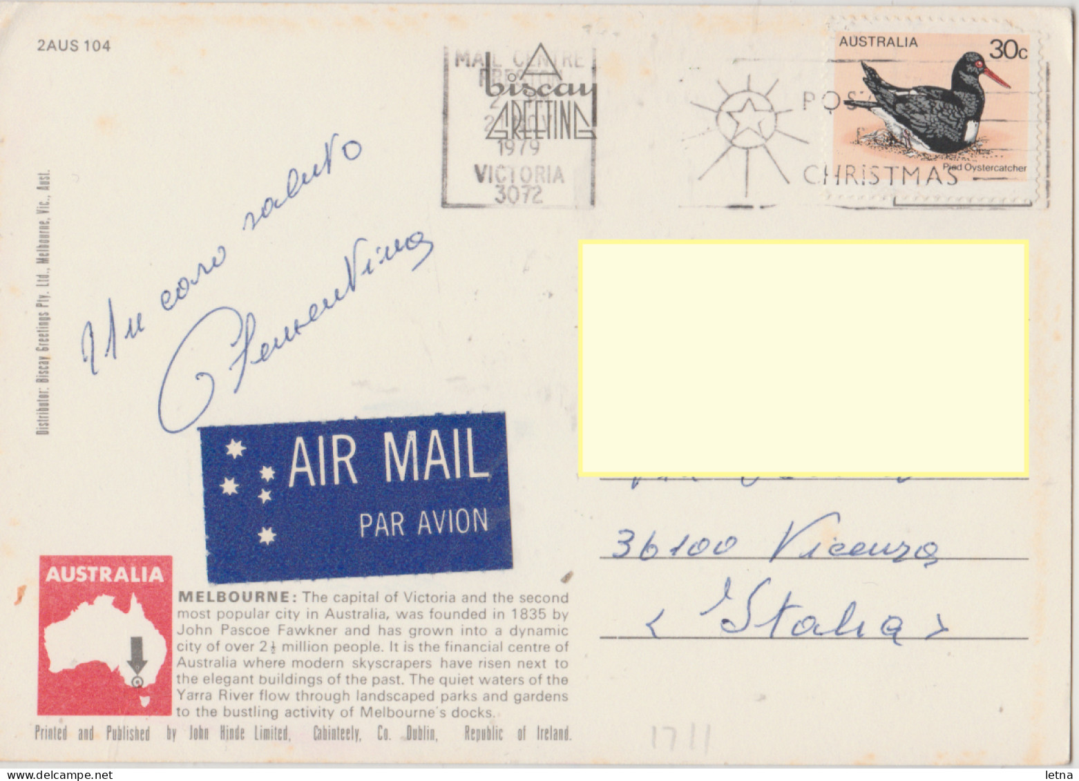 Australia VICTORIA VIC Multiviews MELBOURNE Hinde Biscay Postcard 1979 Pmk 30c Oystercatcher Bird Stamp - Melbourne
