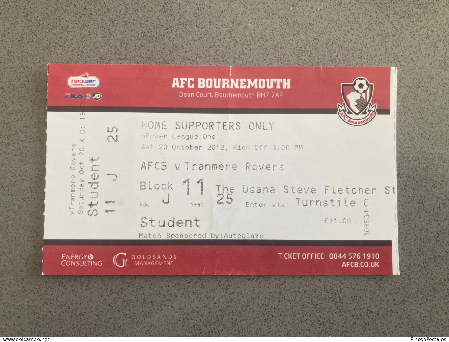 Bournemouth V Tranmere Rovers 2012-13 Match Ticket - Tickets & Toegangskaarten