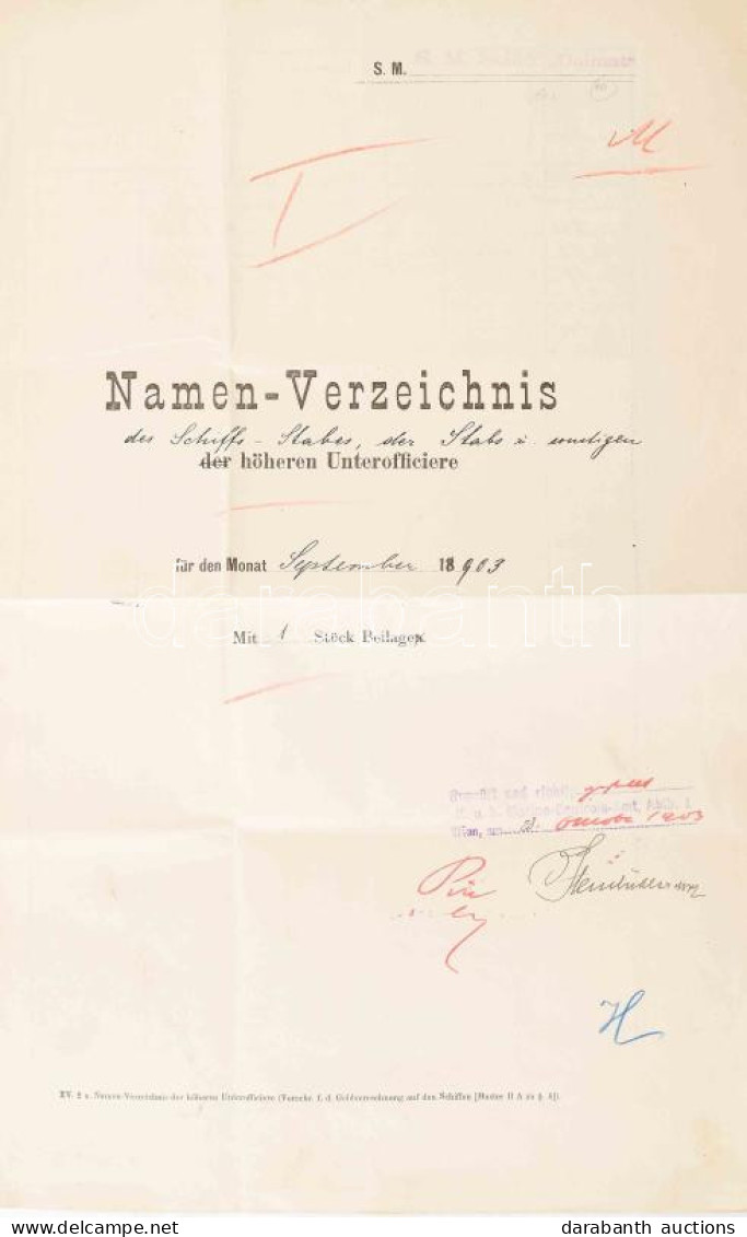 1903 Az S.M.S. Dalmat Kimutatása Az 1903 Szeptemberében Fedélzetre Lépett Személyekről. A Parancsnok Aláírásával és A Ha - Autres & Non Classés