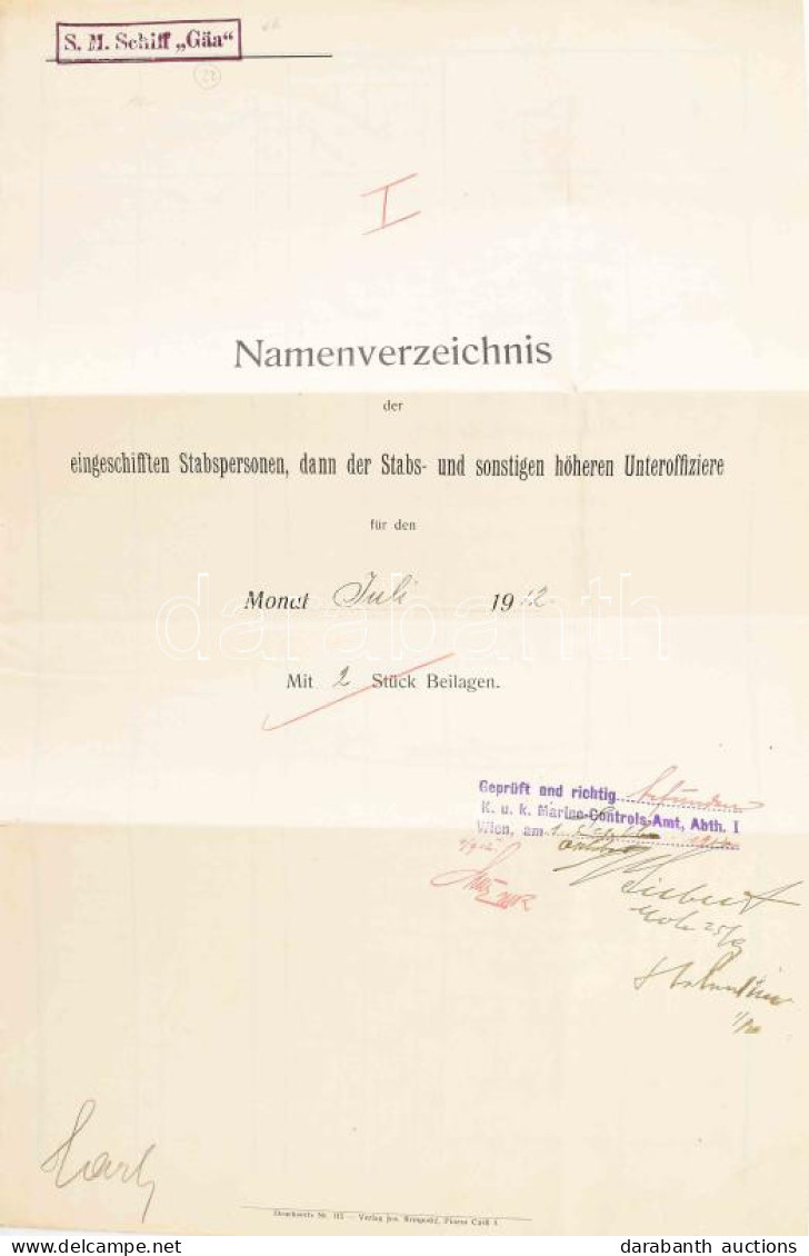 1912 Az S.M.S. Gäa Az 1912 Júliusában Fedélzetre Lépett Személyekről. A Parancsnok Aláírásával és A Hajó Pecsétjével, Al - Autres & Non Classés