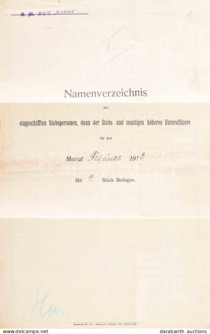 1913 Az S.M.S. Gamma Kimutatása Az 1913 Februárjában Fedélzetre Lépett Személyekről. A Parancsnok Aláírásával és A Hajó  - Autres & Non Classés