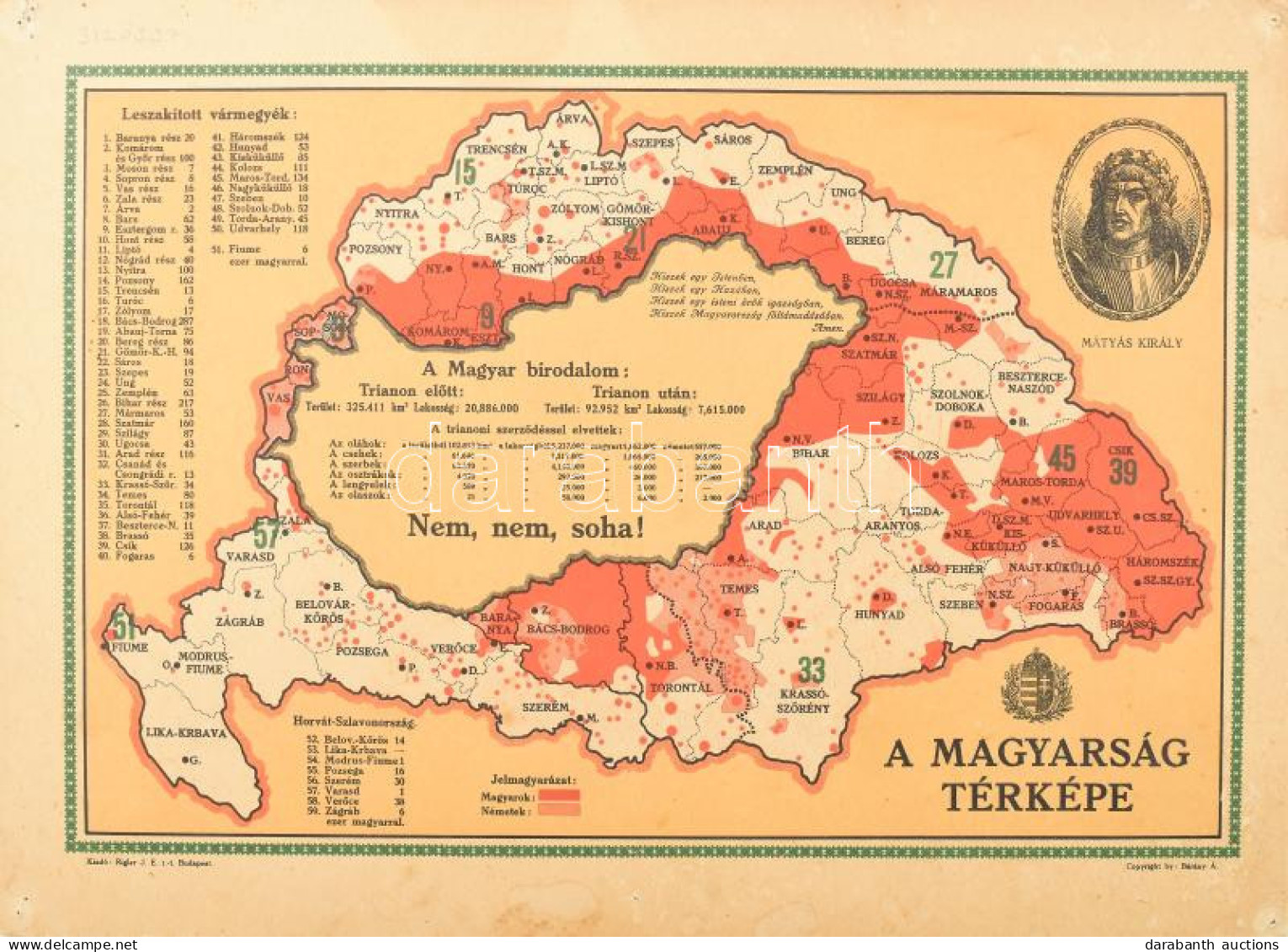 Magyarország Térképe Az Elszakított Területekkel. Propaganda Térkép, Kartonlapra Nyomtatva. A Térkép Körül Statisztikai  - Andere & Zonder Classificatie