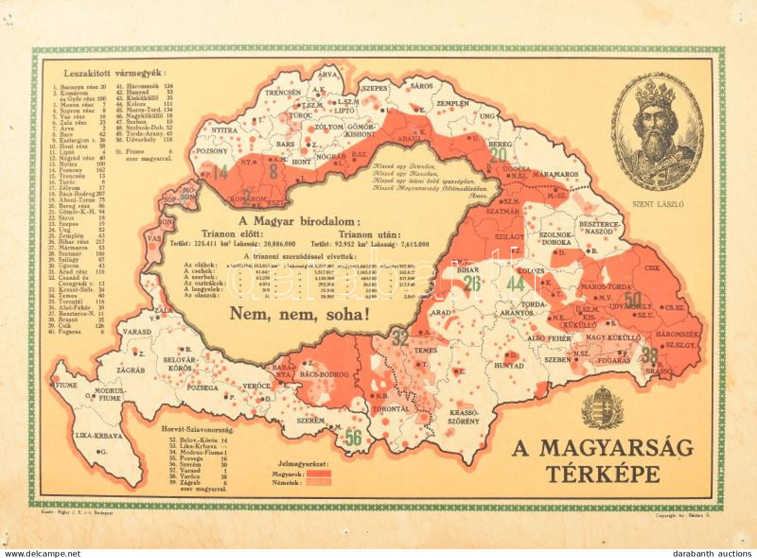 Magyarország Térképe Az Elszakított Területekkel. Propaganda Térkép, Kartonlapra Nyomtatva. A Térkép Körül Statisztikai  - Andere & Zonder Classificatie