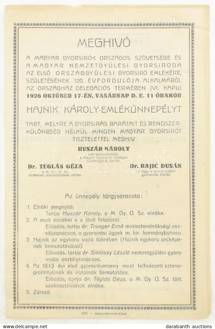 1926 Meghívó Magyar Gyorsírók Országos Szövetsége Hajnik Károly-emléünepélyére - Ohne Zuordnung