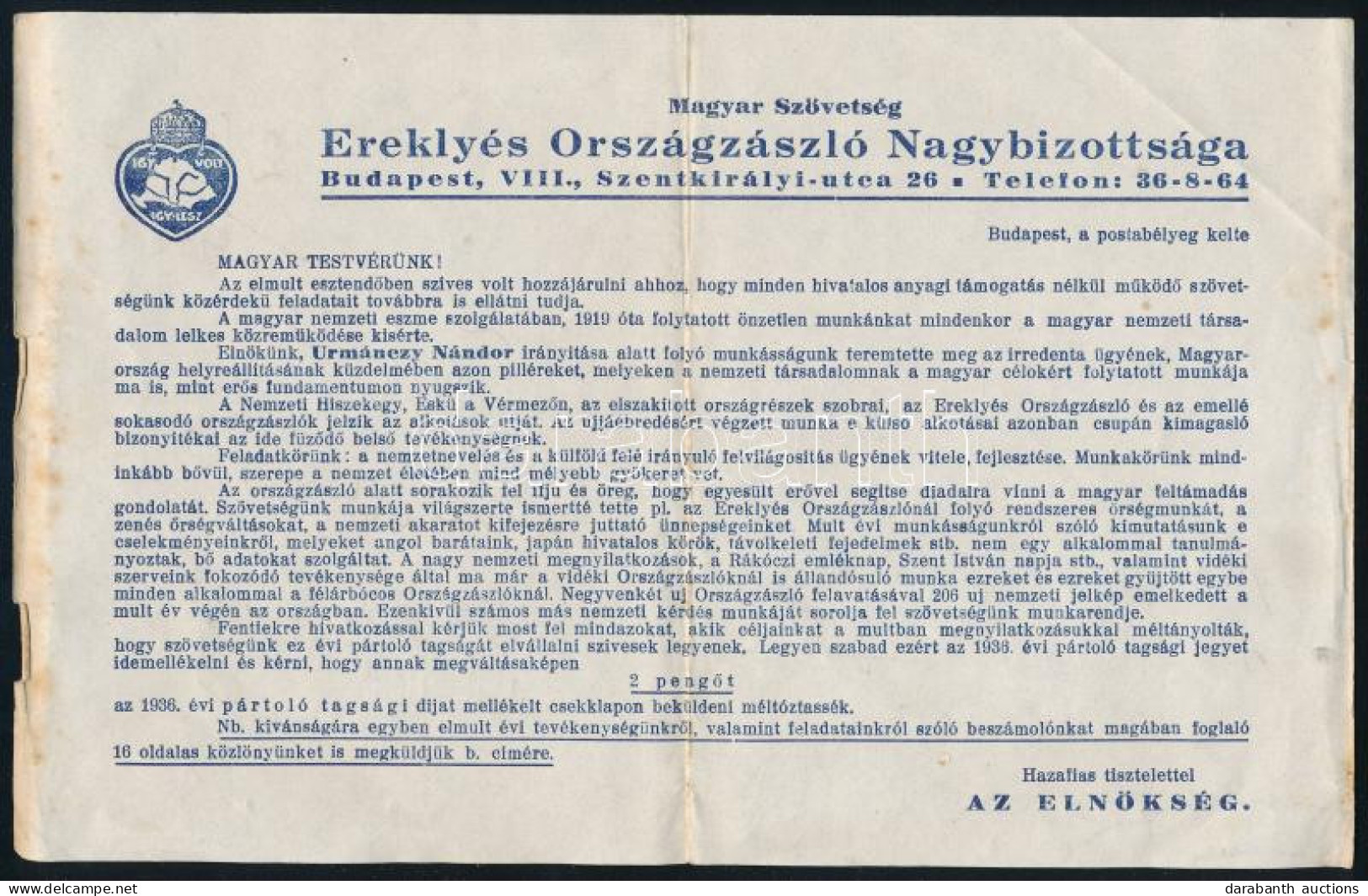 1936 Az Ereklyés Országzászló Nagybizottságának Tagdíjfizetési Felhívás Irredenta 24x16 Cm - Unclassified