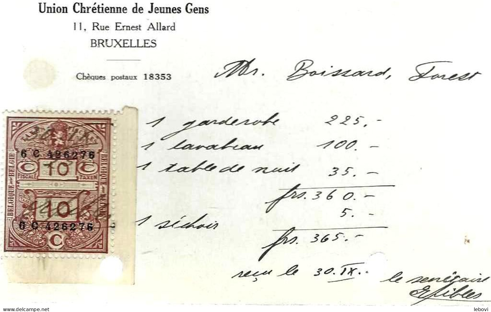 BRUXELLES – Union Chrétienne De Jeunes Gens – Avec Ancien Timbre Fiscal (1927) - 1900 – 1949