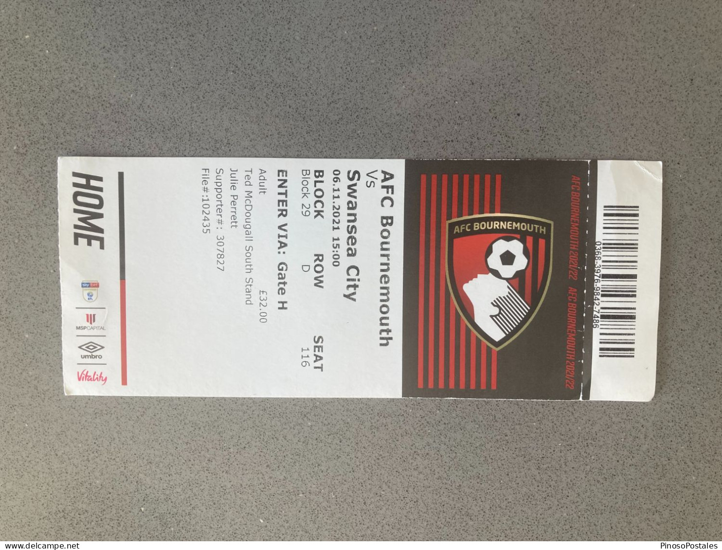 Bournemouth V Swansea City 2021-22 Match Ticket - Tickets & Toegangskaarten