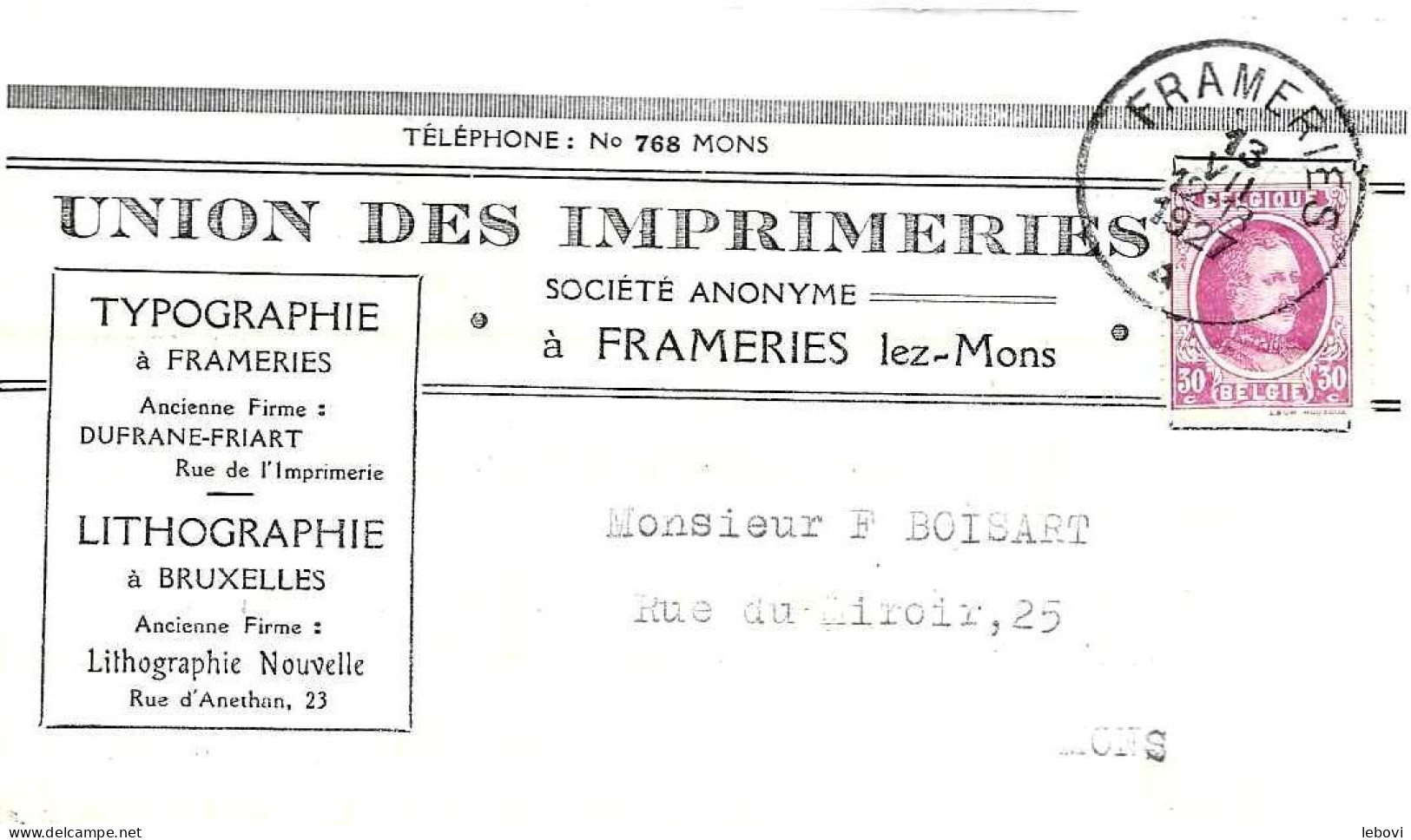 FRAMERIES-LEZ-MONS S.A. Union Des Imprimeries Léon PIERART  – Très Belle Oblitération De FRAMERIES (1927) - 1900 – 1949