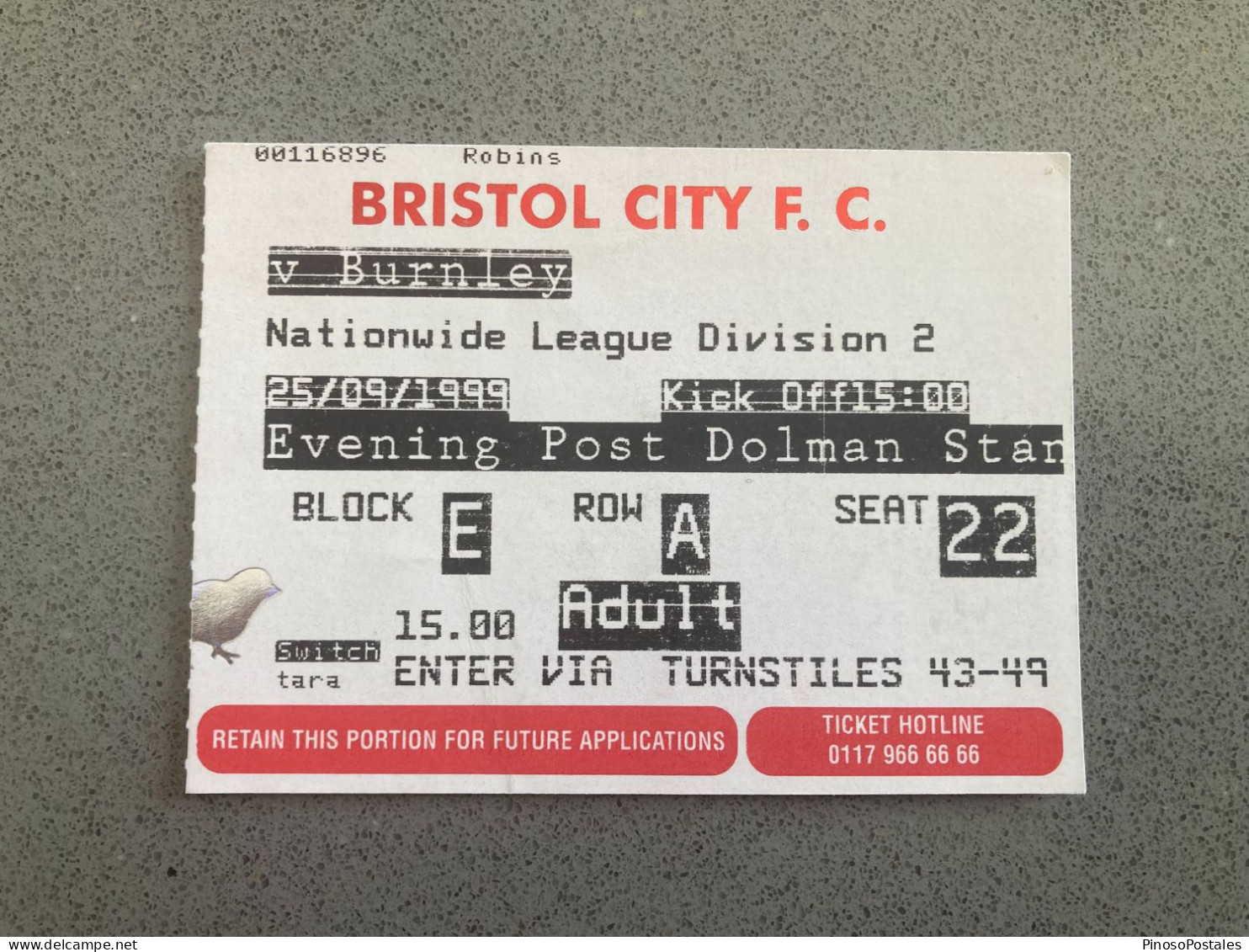 Bristol City V Burnley 1999-00 Match Ticket - Tickets & Toegangskaarten