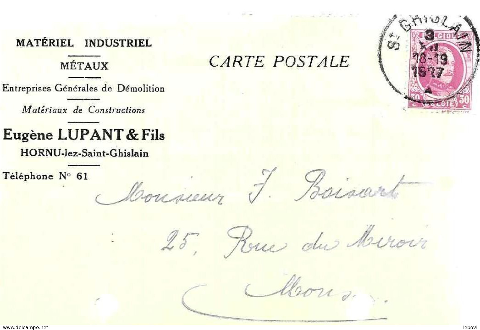 HORNU-LEZ-SAINT-GHISLAIN Ets Eugène LUPANT & Fils – Matériel Industriel – Métaux - Démolition (1927) - 1900 – 1949