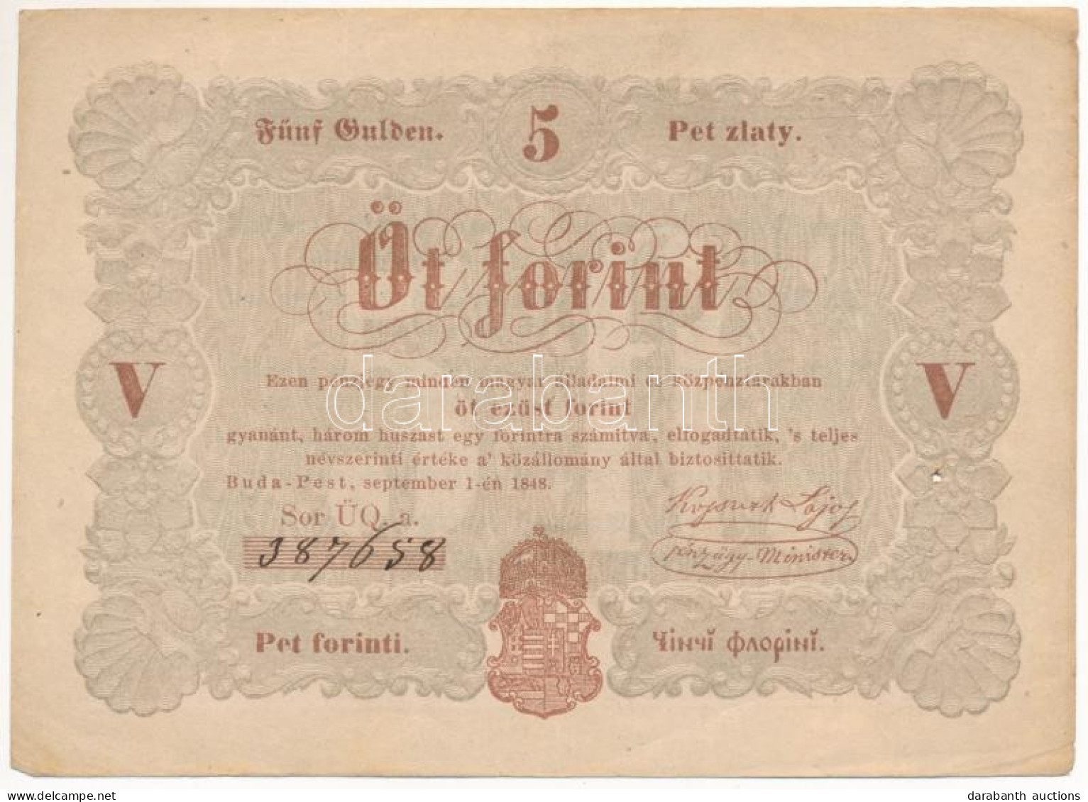 1848. 5Ft "Kossuth Bankó" Barna Nyomat, "ÜQ.a. 387658" T:VF Lyuk / Hungary 1848. 5 Forint "Kossuth Banknote", Brown Prin - Ohne Zuordnung