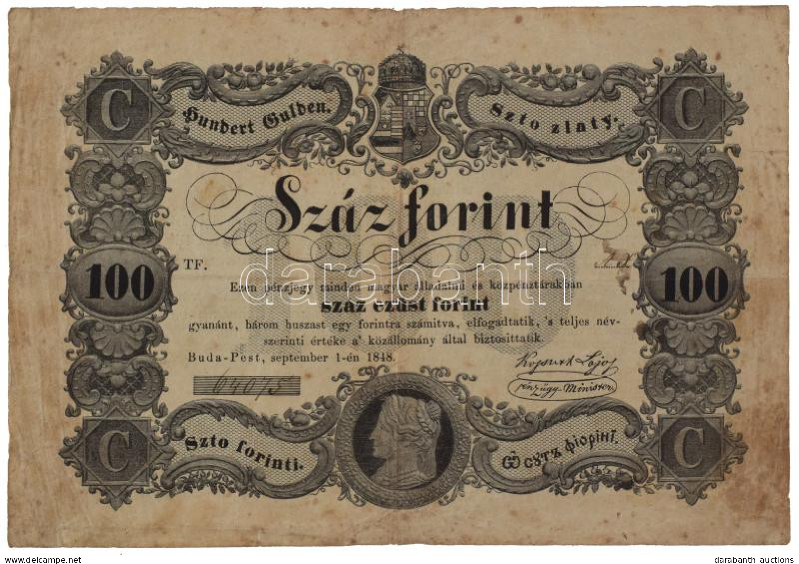 1848. 100Ft "Kossuth Bankó", "64075" Sorszámmal T:VG / Hungary 1848. 100 Forint "Kossuth Banknote", With "64075" Serial  - Non Classés