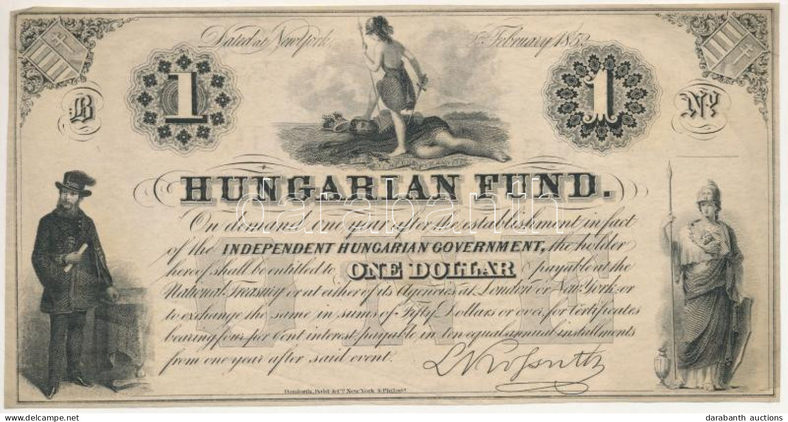 1852. 1$ "B" "Kossuth Bankó" Sorszám Nélkül T:F Szép Papír / Hungary 1852. 1 Dollar "B" "Hungarian Fund" Without Serial  - Ohne Zuordnung