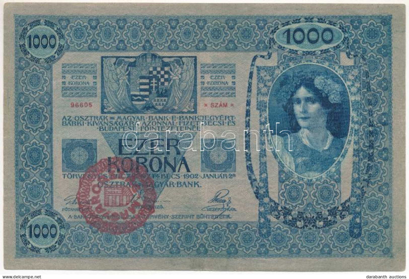1902. 1000K "1290 96605", Piros "MAGYARORSZÁG" Felülbélyegzéssel T:F Szép Papír /  Hungary 1902. 1000 Korona "1290 96605 - Non Classés
