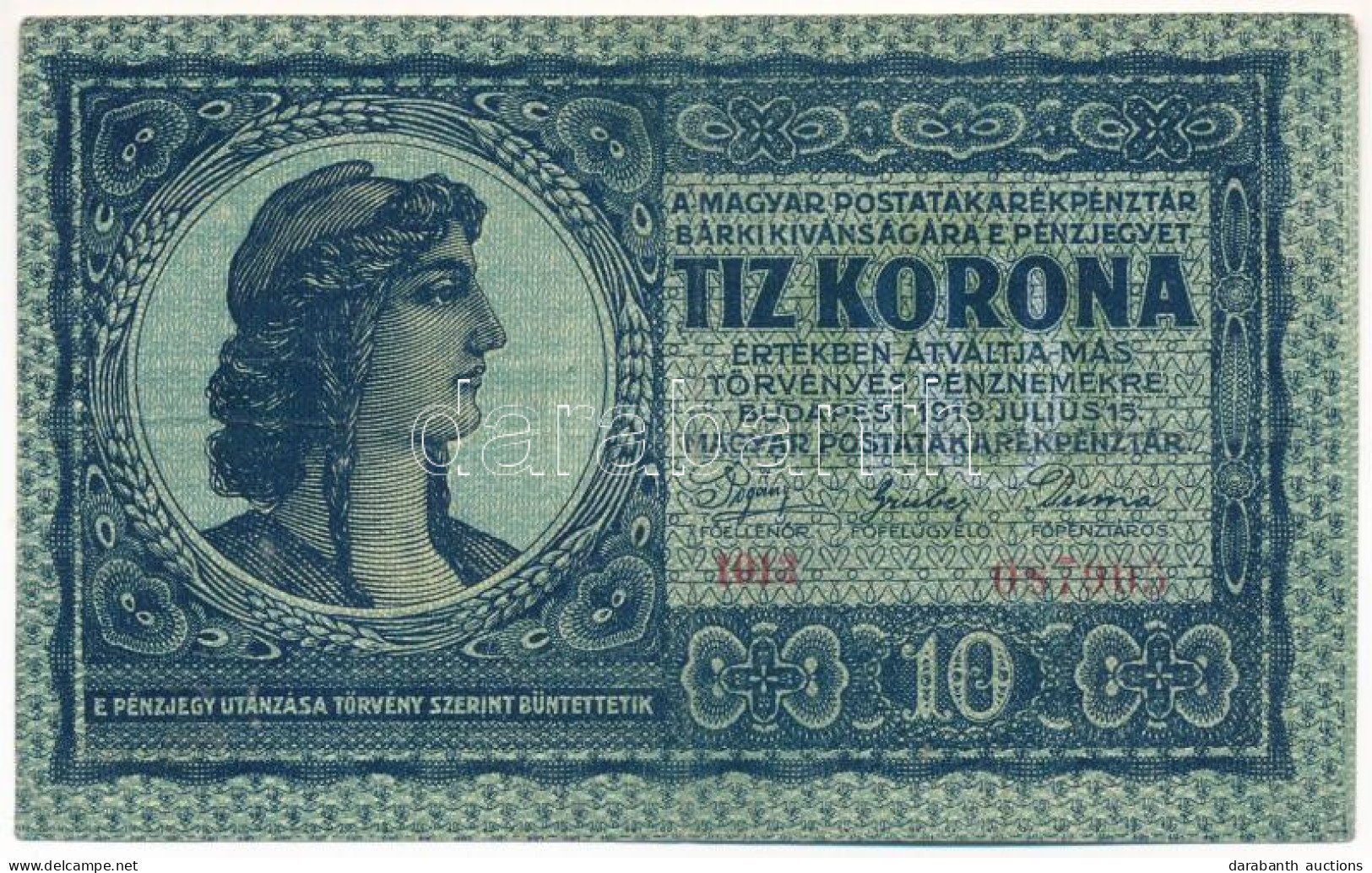 1919. Július 15. 10K "1013 087905" T:F Szép Papír, Folt / Hungary 15th July 1919. 10 Korona "1013 087905" C:F Fine Paper - Unclassified