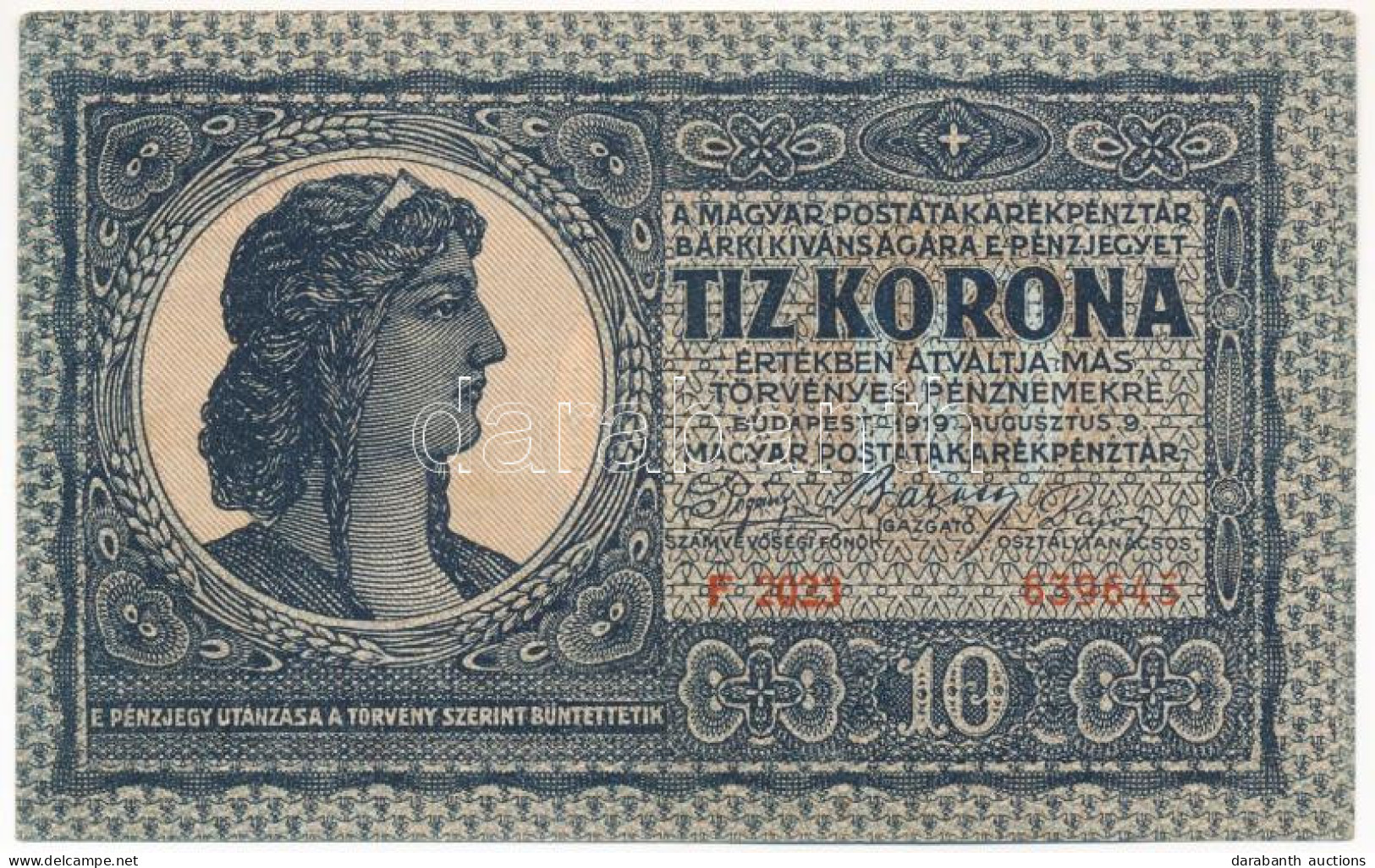 1919. Augusztus 9. 10K "F 2023 639643" T:VF / Hungary 1919. August 9th 10 Korona "F 2023 639643" C:VF Adamo K13, Krause  - Unclassified