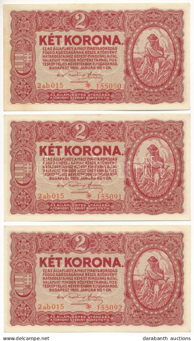 1920. 2K (3x) Sorszámkövetők "2ab015 *155090 - 2ab015 *155092" T:AU / Hungary 1920. 2 Korona (3x) Sequential Serials "2a - Unclassified