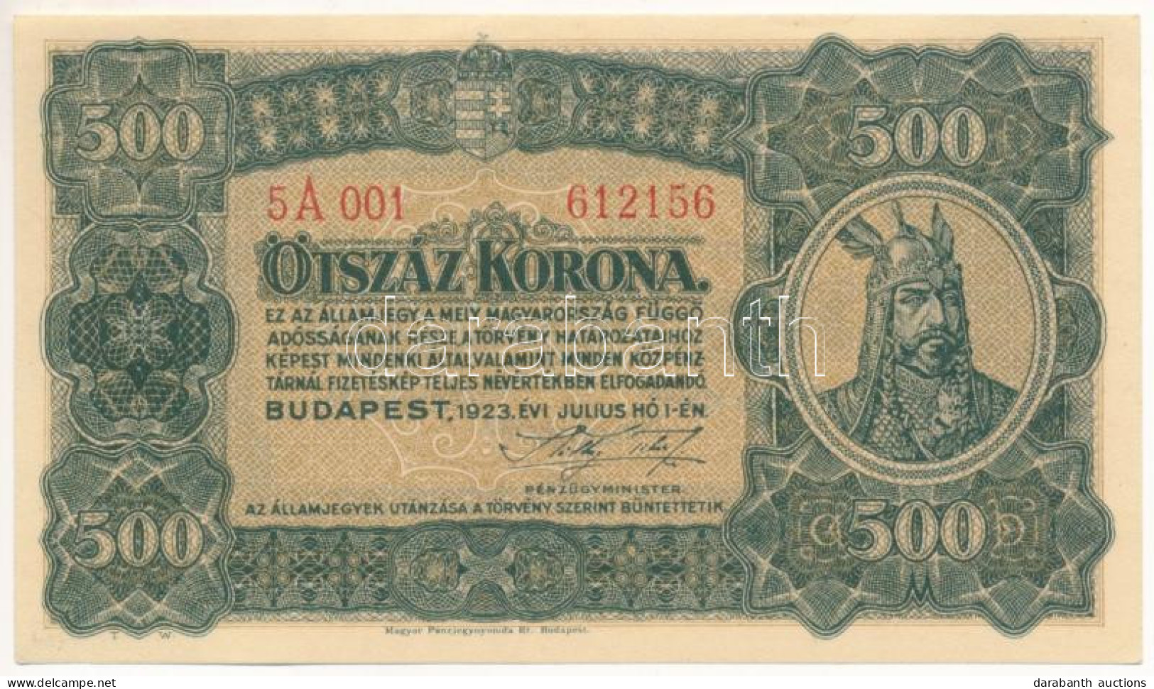 1923. 500K "5A 001 612156", "Magyar Pénzjegynyomda Rt. Budapest" Nyomdahely Jelöléssel T:AU /  Hungary 1923. 500 Korona  - Ohne Zuordnung